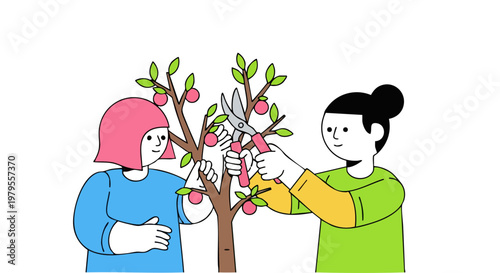Two people pruning a fruit tree with garden shears illustration