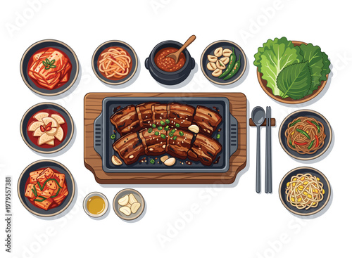 Culinary Korean Feast: A top-down presentation showcasing a vibrant assortment of Korean cuisine, featuring succulent grilled meat, diverse side dishes, and fresh accompaniments.