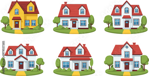 Suburban House Vector Set with Modern Family Homes Residential Buildings and Real Estate Property Illustration Collection