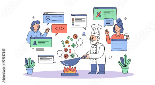Professional Chef Cooking Amidst Digital Interface and Code Elements