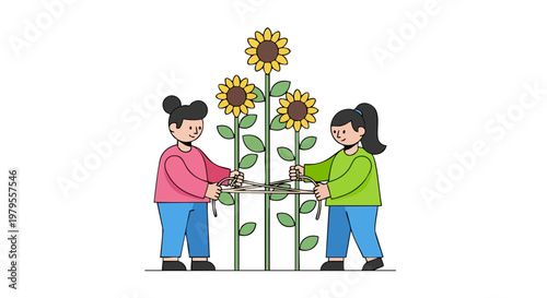 Two girls tying rope to support tall sunflowers in a garden
