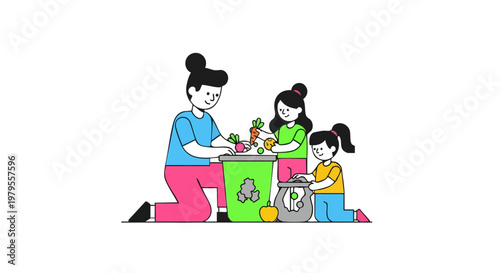 Mother and daughters learning about composting and organic recycling