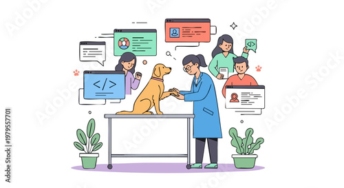 Veterinary Doctor Examining a Dog with Digital Pet Health Data
