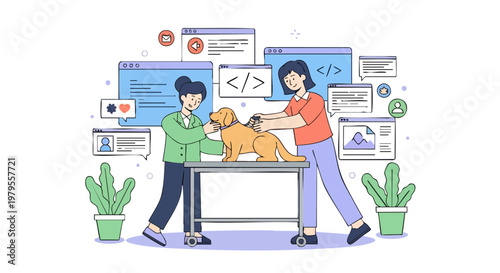 Veterinary doctors examining a dog with digital interface elements