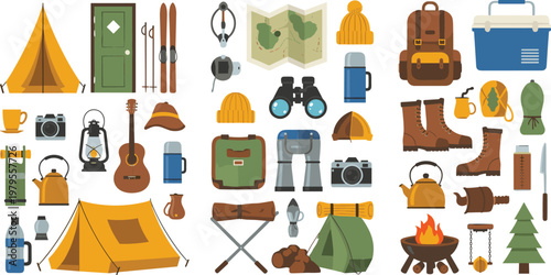 Camping Equipment Vector Set with Tent Backpack Lantern Boots Campfire Map and Outdoor Adventure Gear Illustration Collection