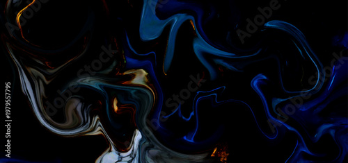 Dark Abstract Marble Background with Blue Neon Fluid Ink Swirls, Black Glossy Waves, Dramatic Luxury Texture for Modern Design