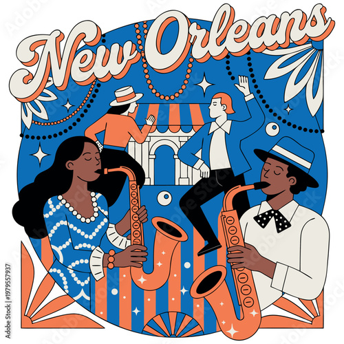 Vibrant New Orleans Illustration with Jazz Musicians Playing Saxophones and People Dancing in Retro Flat Vector Style