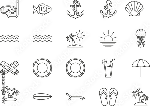 Professional collection of summer beach and marine line icons featuring palm trees anchors shells waves and diving gear for travel vacation and holiday graphic designs.