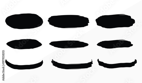 Abstract brush stroke collection nine black ink splashes in varied shapes and sizes