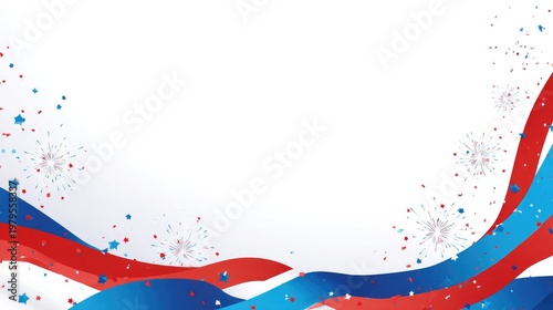4th of July Patriotic Background with Fireworks Stars and Red White Blue Ribbon Border