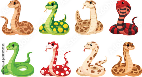 Cute Snake Character Vector Set with Colorful Cartoon Reptiles Python Cobra and Adorable Animal Illustration Collection