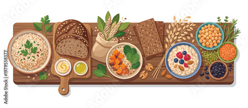 The Nutritional Palette: A vibrant display of wholesome grains, hearty bread, and colorful superfoods. Showcasing the beauty and goodness of nutritious ingredients and healthy eating.