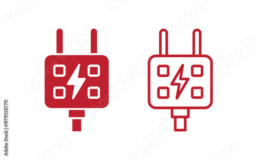Red and white electrical plug with lightning bolts power