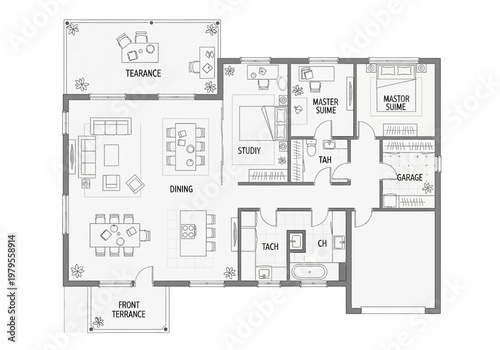 Architectural floor plan design of a modern house with multiple rooms, including a study, master bedroom, and garage, featuring spacious outdoor terraces for living and entertaining