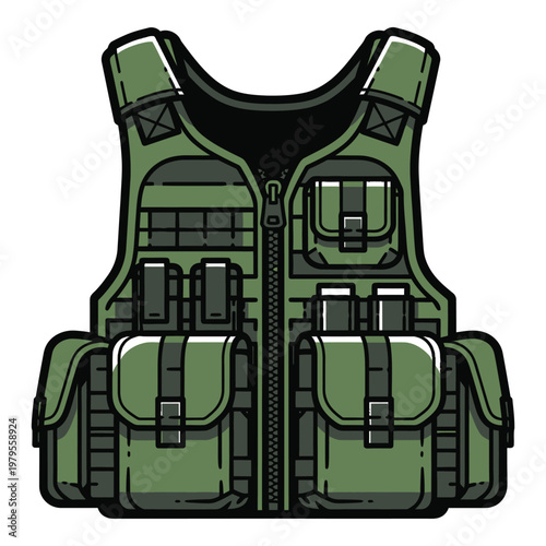 Tactical green military vest with multiple pockets and pouches icon