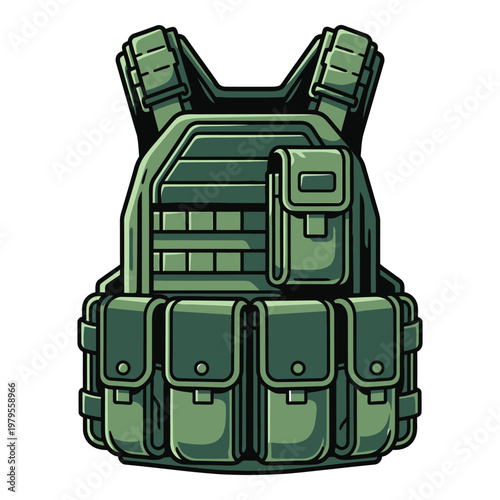 Tactical military green bulletproof vest with multiple pockets and pouches for outdoor activities  protective gear icon