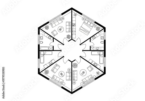 Hexagonal Floor Plan Design for a Modern Home with Central Courtyard and Six Radiating Rooms