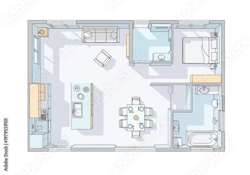 Interior Design Floor Plan of a Modern Two-Bedroom Apartment with Open Concept Living and Dining Area