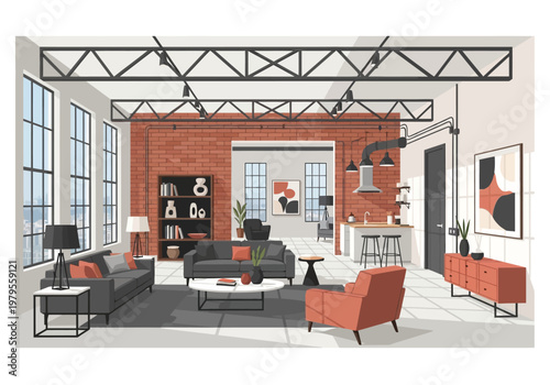 Interior design of a modern loft apartment with exposed brick walls and industrial-style lighting