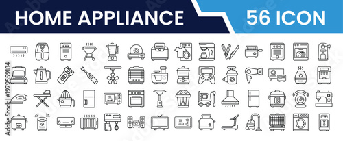 Home Appliance Vector Set Featuring Refrigerators, Microwaves, Washers, and Household Devices for Web and App Design