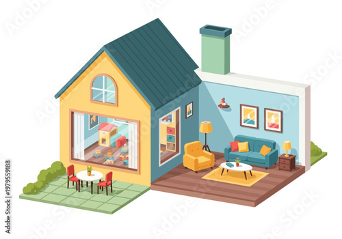 Cozy House Interior Design with Living Room, Dining Area and Playroom Views