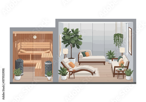 A serene and inviting interior design featuring a sauna room and a relaxing lounge area with comfortable seating and plants