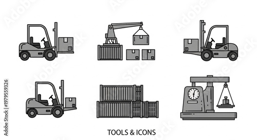 Industrial Logistics Icons Set Forklift Crane Shipping Containers Scale.