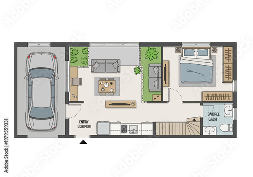 Modern townhouse floor plan with interior design elements, garage, and outdoor space