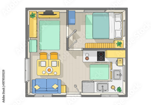 Modern Studio Apartment Floor Plan with Kitchenette and Living Area