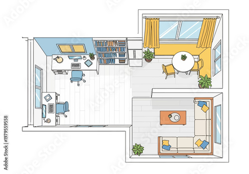 Cozy Apartment Layout with Dedicated Workspace, Living Area, and Dining Nook