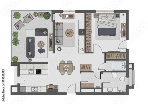 Elegant modern floor plan illustration showcasing a spacious living area, dining space, kitchen, and bedroom with natural light