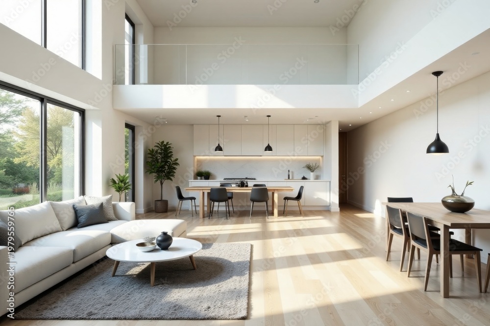 Fototapeta premium Modern Open Plan Home Interior Design with Abundant Natural Light and Minimalist Decor