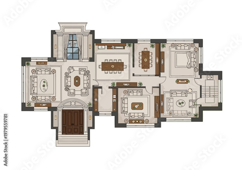 Blueprint of a luxurious multi-story residential house with spacious living areas, dining rooms, and private suites
