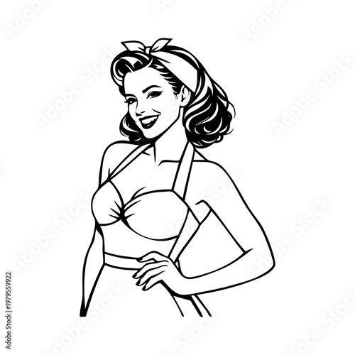 Logotipo boutique de moda. Dibujo con líneas de una mujer sonriente con peinado, un pañuelo en la cabeza y ropa estilo vintage con la mano en la cadera 