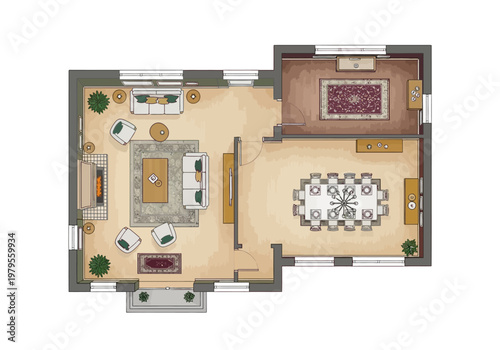 A detailed floor plan illustrating a spacious house with a living room, dining area, and fireplace, presented as an EPS vector graphic