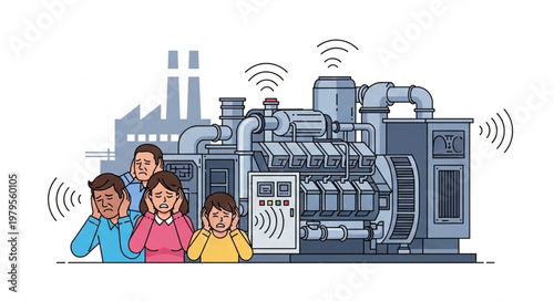 Industrial Noise Pollution Affecting People Near Factory Machinery.