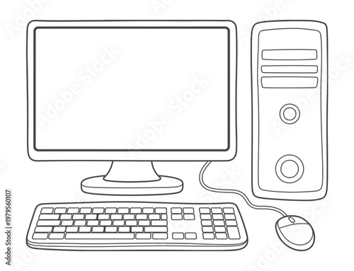 PC Tower with Keyboard and Mouse Vector, minimal outline computer, modern desktop hardware illustration