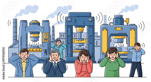 Industrial noise pollution affecting factory workers.