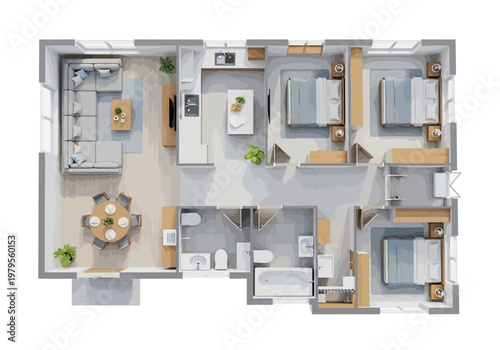 Modern Three Bedroom Apartment Floor Plan with Living Area, Kitchen, Dining, and Bathrooms
