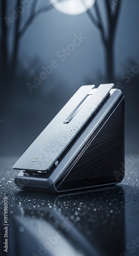 Sleek Black Device on Reflective Surface.