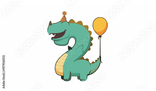 Playful dinosaur number two with party hat and balloon for second birthday celebration vector isolated on white
