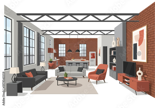 Modern Industrial Loft Apartment Living Room and Kitchen Area Interior Design