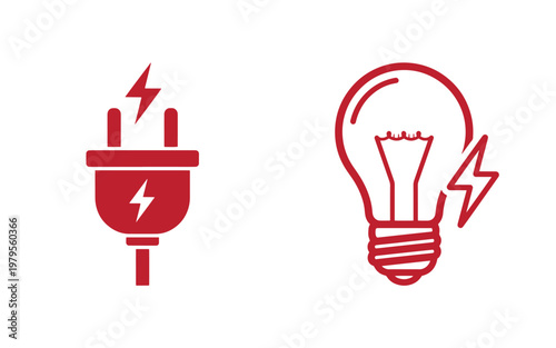 Red electrical plug and light bulb with lightning bolts