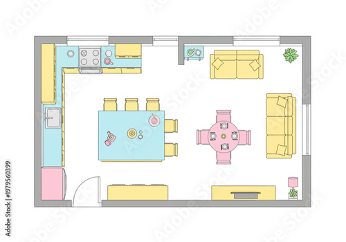 Interior design floor plan of a modern kitchen and living room with furniture layout
