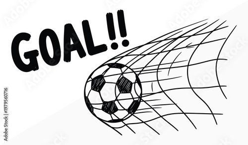 Sketch of a soccer ball entering a goal net with bold 'goal ' text