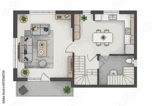 Floor plan of a modern two-story house with living room, kitchen, dining area, and upstairs bedrooms