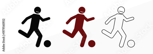 Three stick figures playing soccer a progression from silhouette to outline