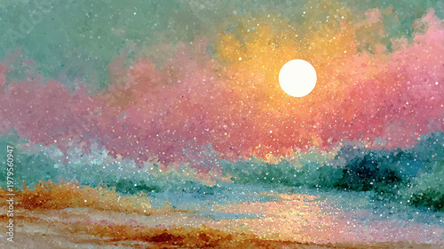 Blurred green background with a yellow circle inside. Dawn like a blurred dawn