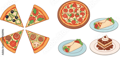 Hand Drawn Pizza and Fast Food Vector Set with Slices Whole Pizza Wraps and Dessert Meal Illustration Collection