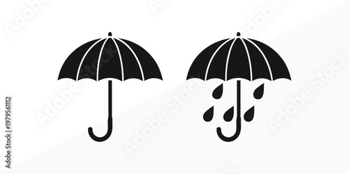 Black and white illustration of two umbrellas one shielding from raindrops